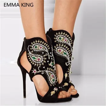 

Roman Style Summer Women Gladiator Sandals Ankle Boots Open Toe Embroidered Booties Crystal Stud High Heels Designer Shoes Woman