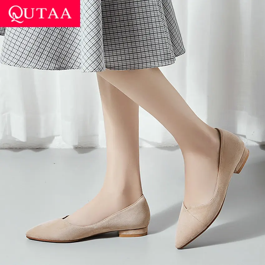 

QUTAA 2020 Woman Flats Square Low Heel Flock Pointed Toe Simple Comfortable Shallow Basic Single Shoes Slip On Spring Size 34-43