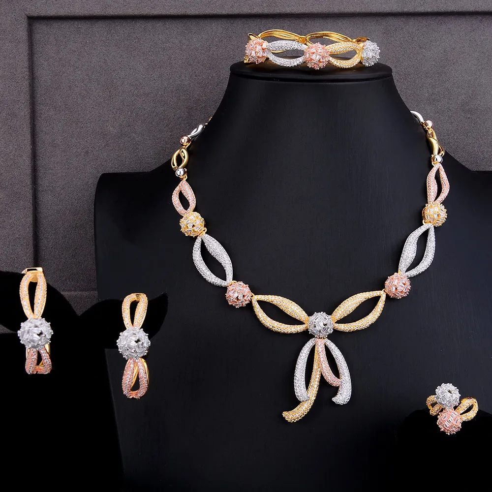 

GODKI Luxury Bowknots 4pcs African Cubic Zircon CZ Nigerian Jewelry sets For Women Wedding Dubai Gold Bridal Jewelry Sets 2019
