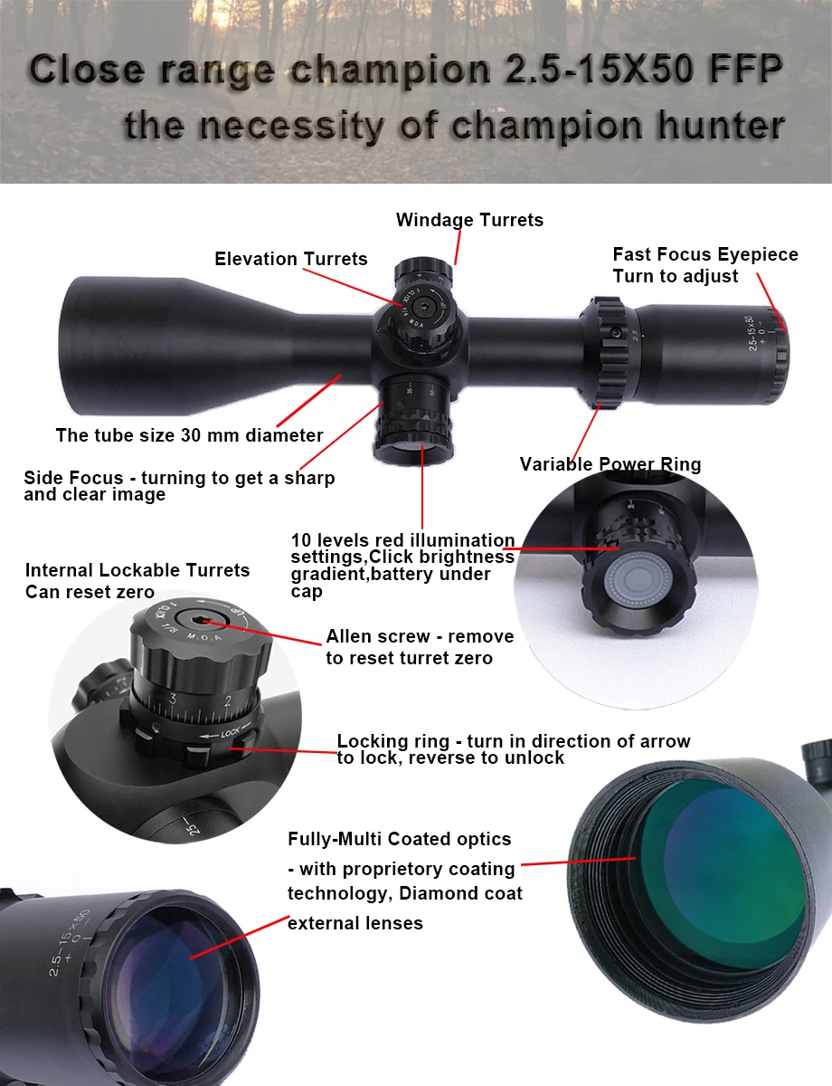 2,5-15x50 FFP красной подсветкой mil dot прицел близкого расстояния aim Охота Стрельба первый фокусных расстояний самолет сетки оптический прицел