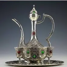 Тонкой медной позолоченного серебра ручной резьбой тотемы дракона кувшин чайник/вина чашки комплекты украшения сада Настоящее Тибетский серебро, латунь