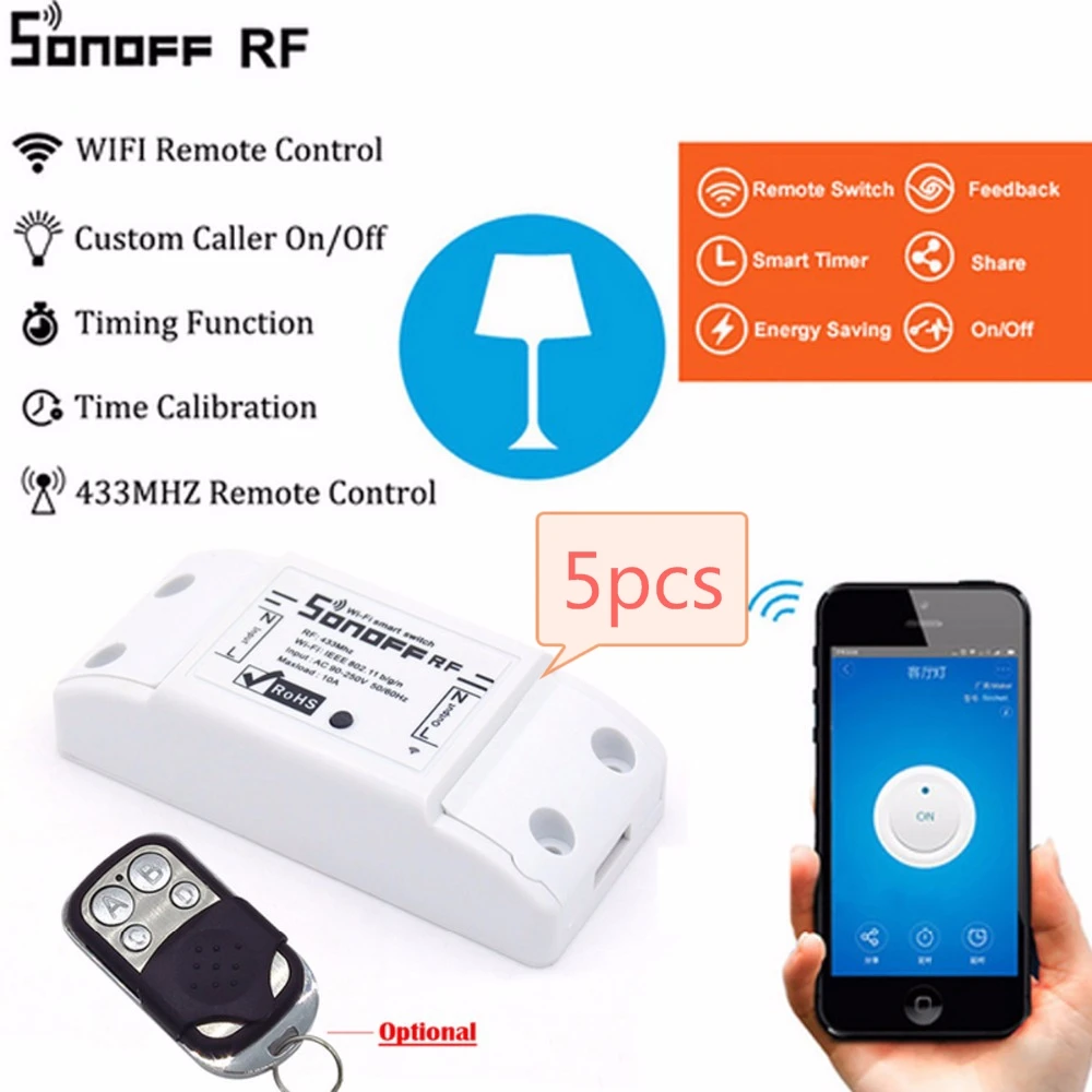 

5pcs/lot Sonoff 433Mhz RF WiFi Wireless Smart Switch Home With RF Receiver Remote Control Smart Timing Switch Wireless Control