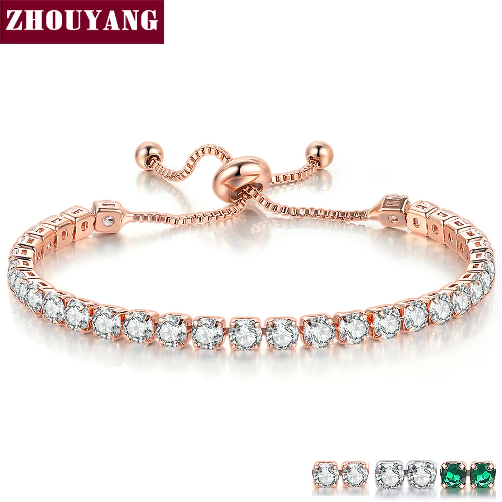 

ZHOUYANG Bracelet For Women Luxury Handy Adjustable 4 Claws Mosaic 4mm Cubic Zirconia Rose Gold Color Fashion Jewelry Gift H133