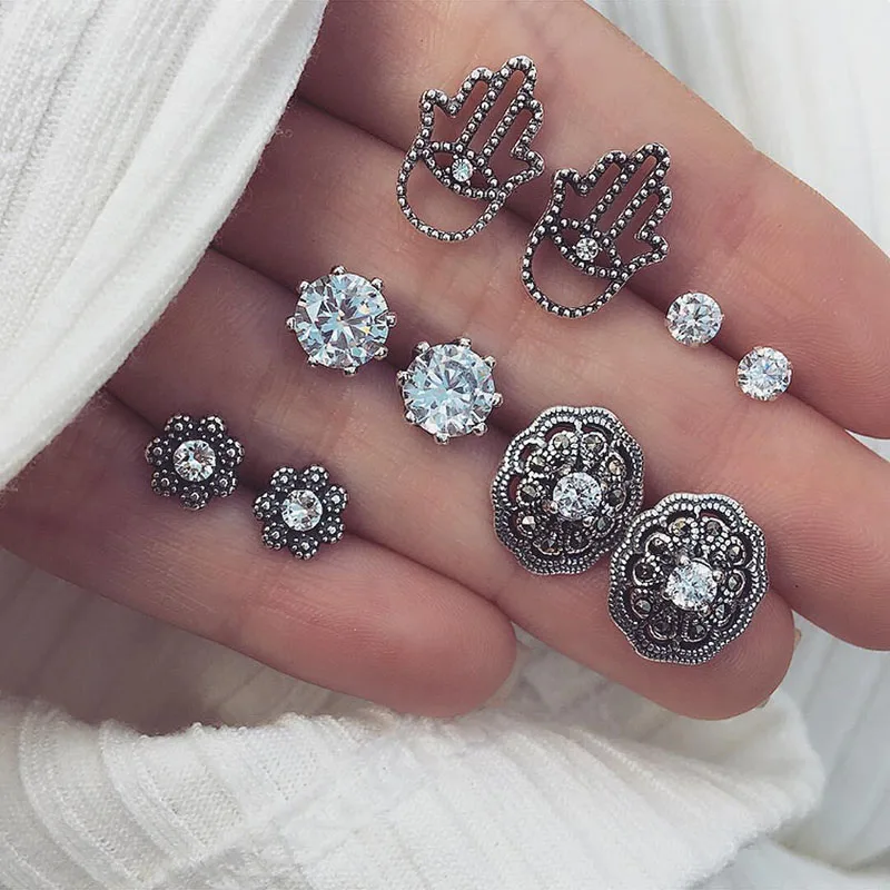 

5Pairs/Set Boho Crystal CZ Earrings Bohemian Antique Silver Color Cute Palm Flower Stud Earring Set For Women Brincos Jewelry