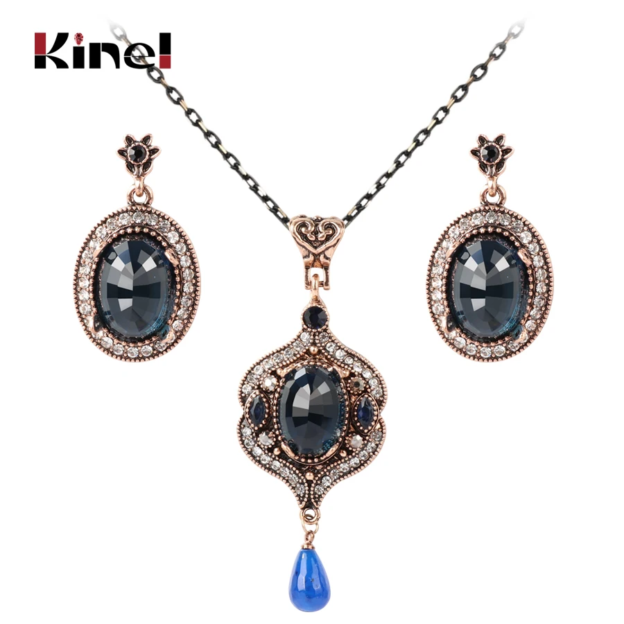 

Kinel Luxury 2pcs Vintage Wedding Jewelry Set For Women Fashion Antique Gold Oval Pendant Earrings And Necklace Bohemian Jewelry