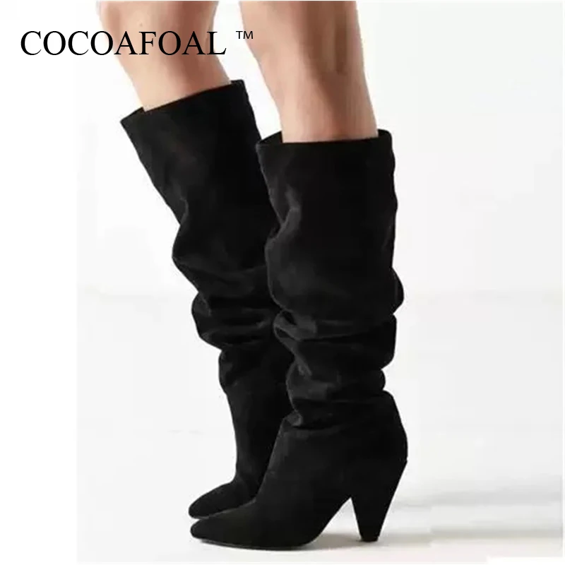 Sexy Plissee Schwarzes Kniehohe Grün Stiefel Cowboy Schwarz Frau Spitz Schuhe Mid Mode Frauen Cocoafoal kalb wqO6tTx0q