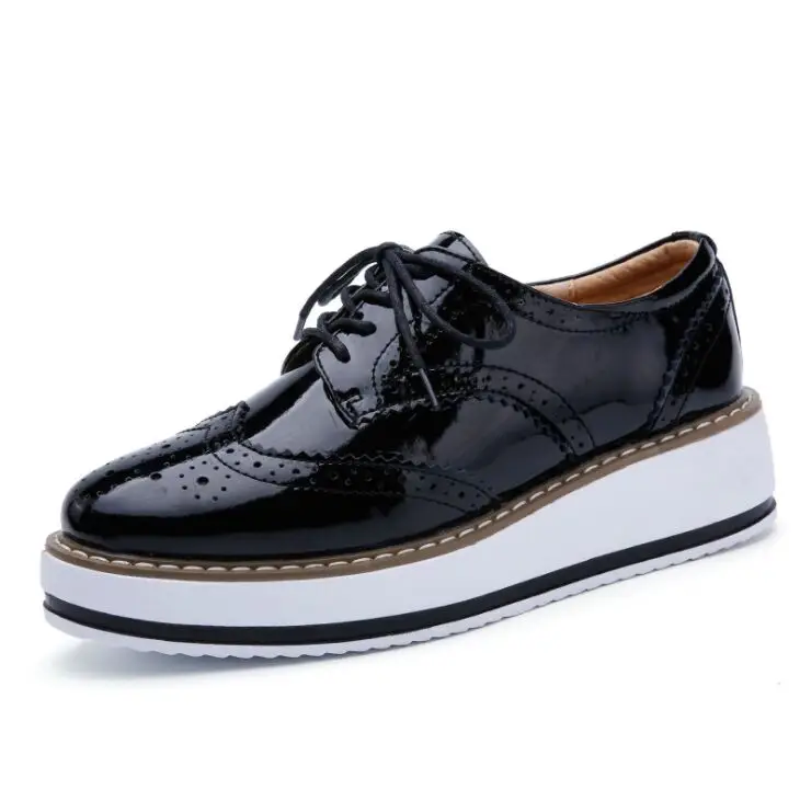 

Brand Spring Women Platform Walking Shoes Woman Brogue Patent Leather Flats Lace Up Footwear Female Flat Oxford Shoes For Women