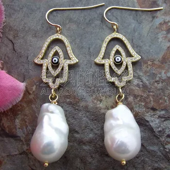 

E110315 White Keshi Pearl Earrings Hamsa Cz Connector