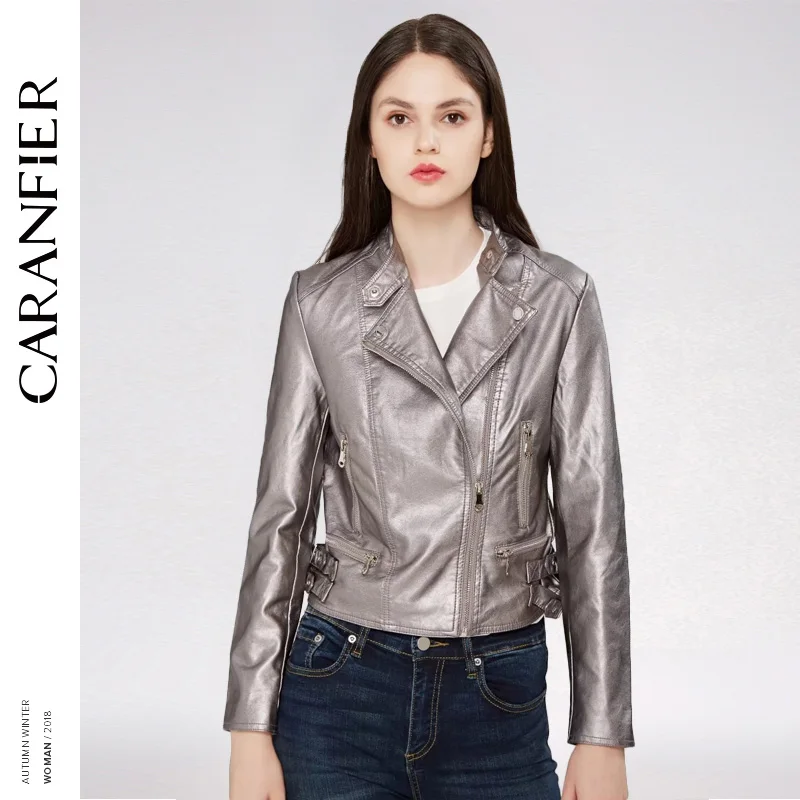 CARANFIER 2018 модная женская элегантная искусственная кожа на молнии байкерская