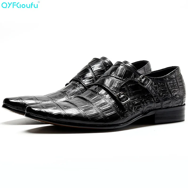 

QYFCIOUFU New Pointed Toe Formal Shoes Men Dress Shoes Fashion Buckle Straps Wedding Shoes Men Slip On Genuine Cow Leather Shoes