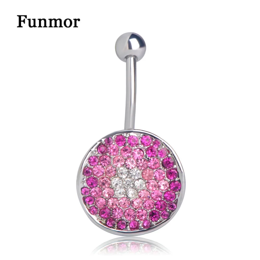 Funmor Crystal Round Belly Button Rings Pink Color Stainless Steel ...