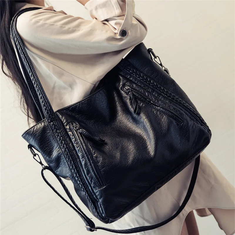 ФОТО 2016 Large Women Shoulder Bag High Quality Genuine Leather Big Female Handbag Black Sheepskin Hand bag For Shopping Working 