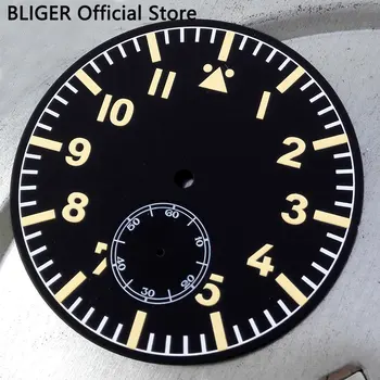 

High quality 47.5mm Black Sterile Dial Yellow Marks Luminous Numerals Watch Dial Fit For ETA 6498 Hand Winding Movement D15