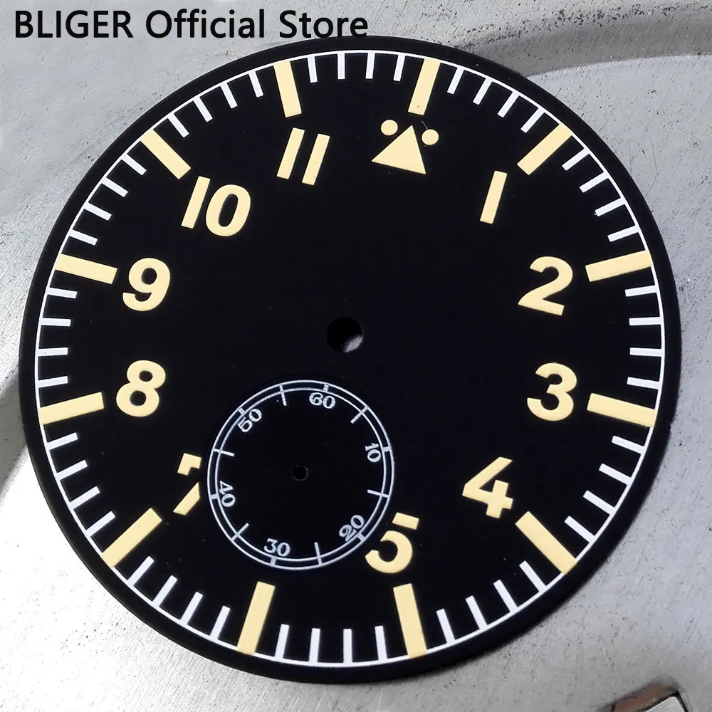 Mostrador do Relógio Apto para Eta Alta Qualidade Preto Estéril Mostrador Amarelo Marcas Luminous Numerais 6498 Mão Winding Movimento D15 47.5mm