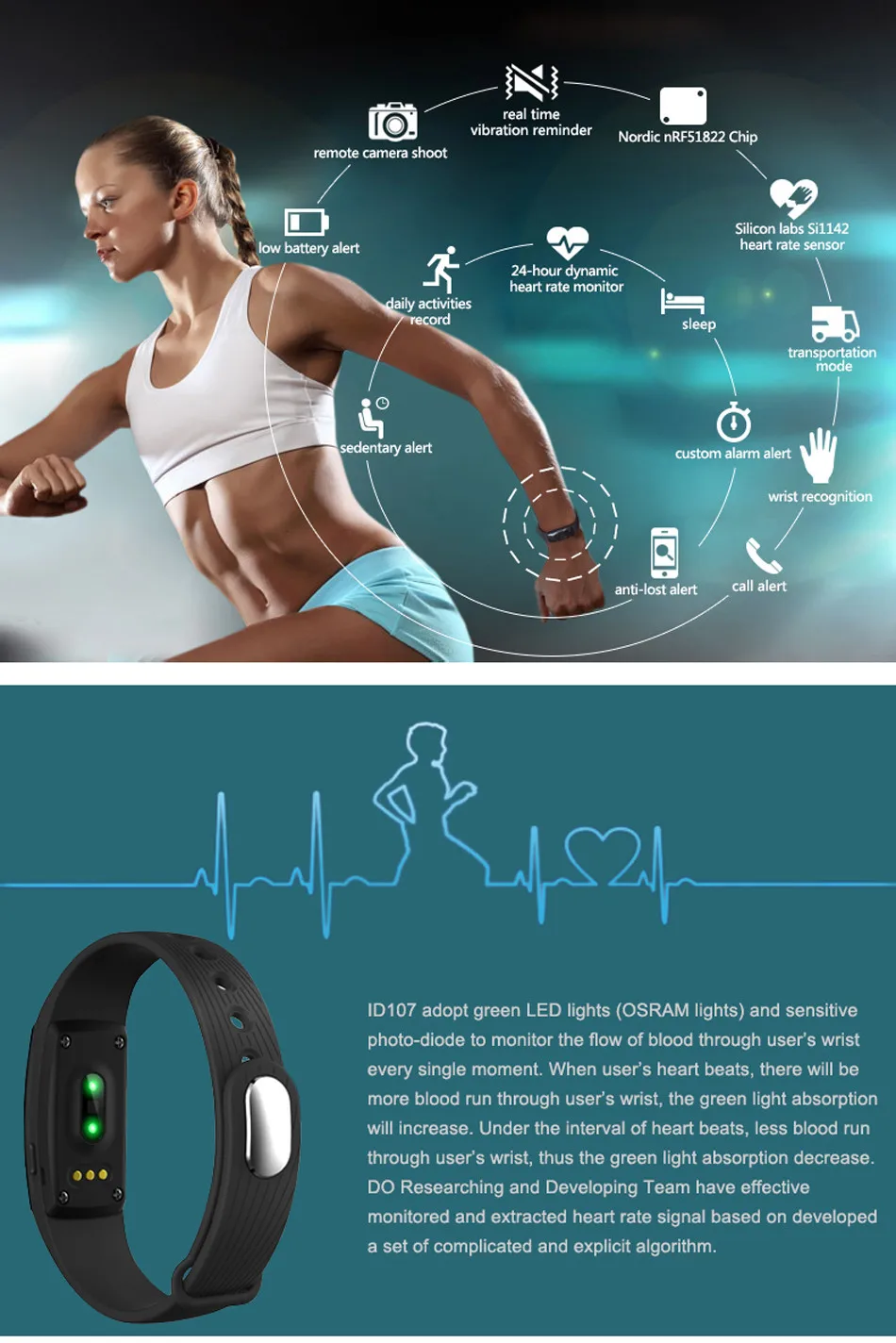 Makibes ID107 Smart Bracelet BT4.0 Heart Rate Monitor Smartband Pulse Sports Fitness Tracker for Android iOS 2