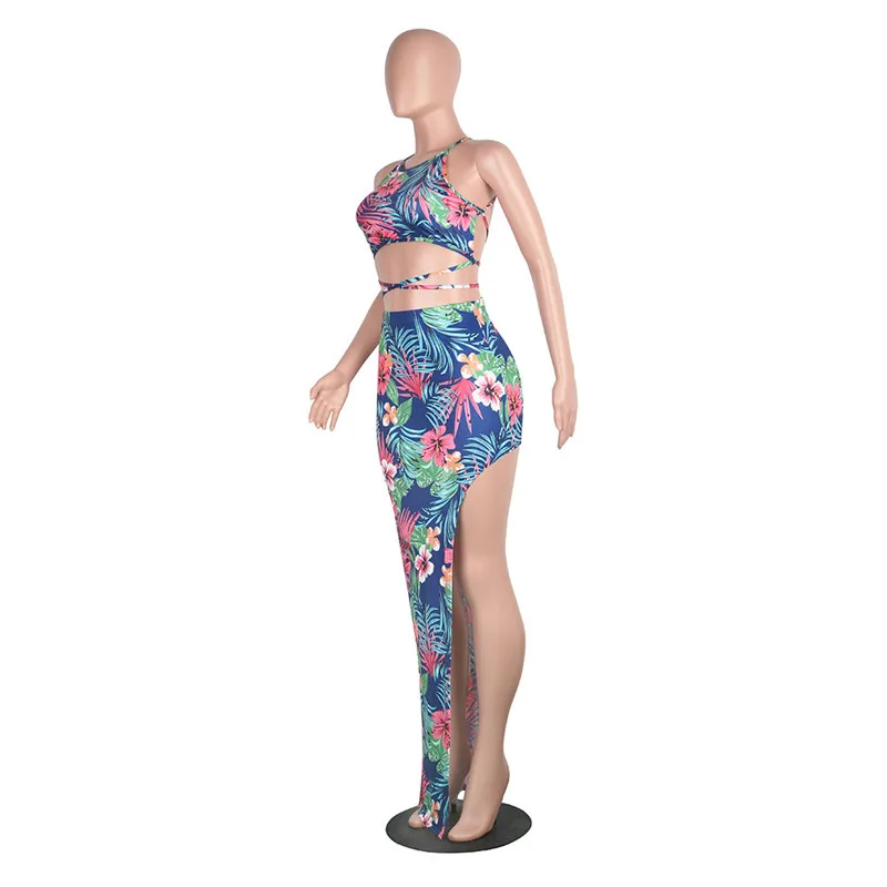 summer floral print long skirt women 2 piece set-9