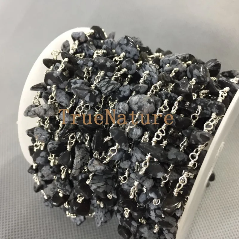 

5 Meters Wholesale Products Silver Electroplated Wire Wrapped Rosary Chains Snowflake Jasper Slice Beaded Chains RC4992