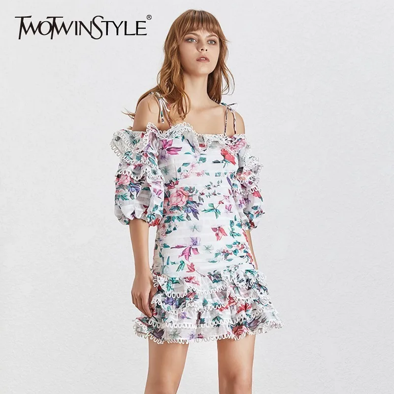 

TWOTWINSTYLE Summer Sexy Slash Neck Mini Dress For Women Off Shoulder Puff Sleeve 2019 Print A Line Dresses Female Fashion New