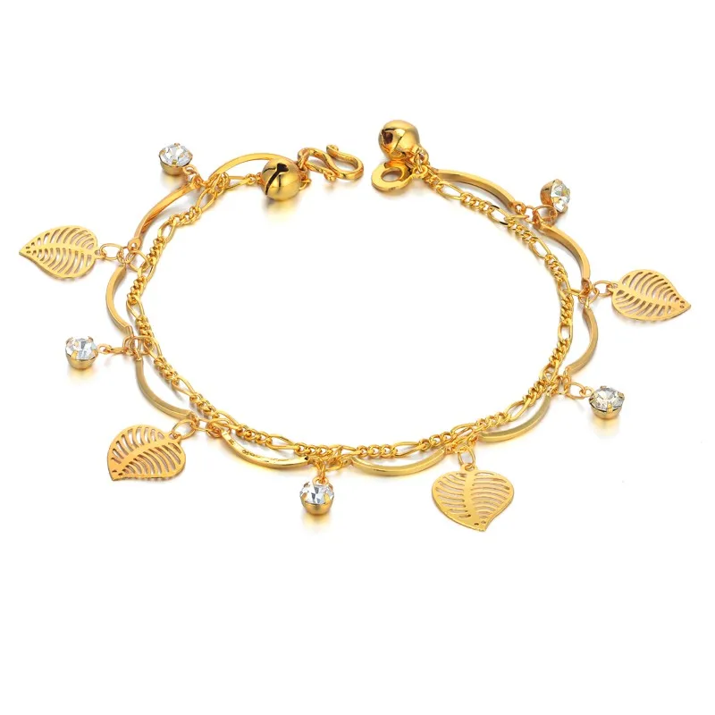 Women's Braclelets Gold Leaf & Bell Charm Bracelets & Bangle Gold Color