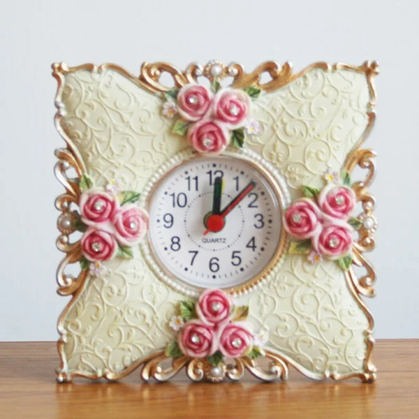 Retro Pink Rose Flower Home Decor Table Clock Resin Battery Electronic