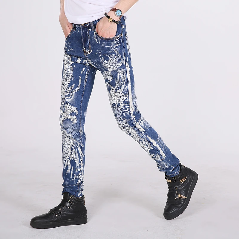 Male personality water wash jeans dragon print 100 cotton elastic