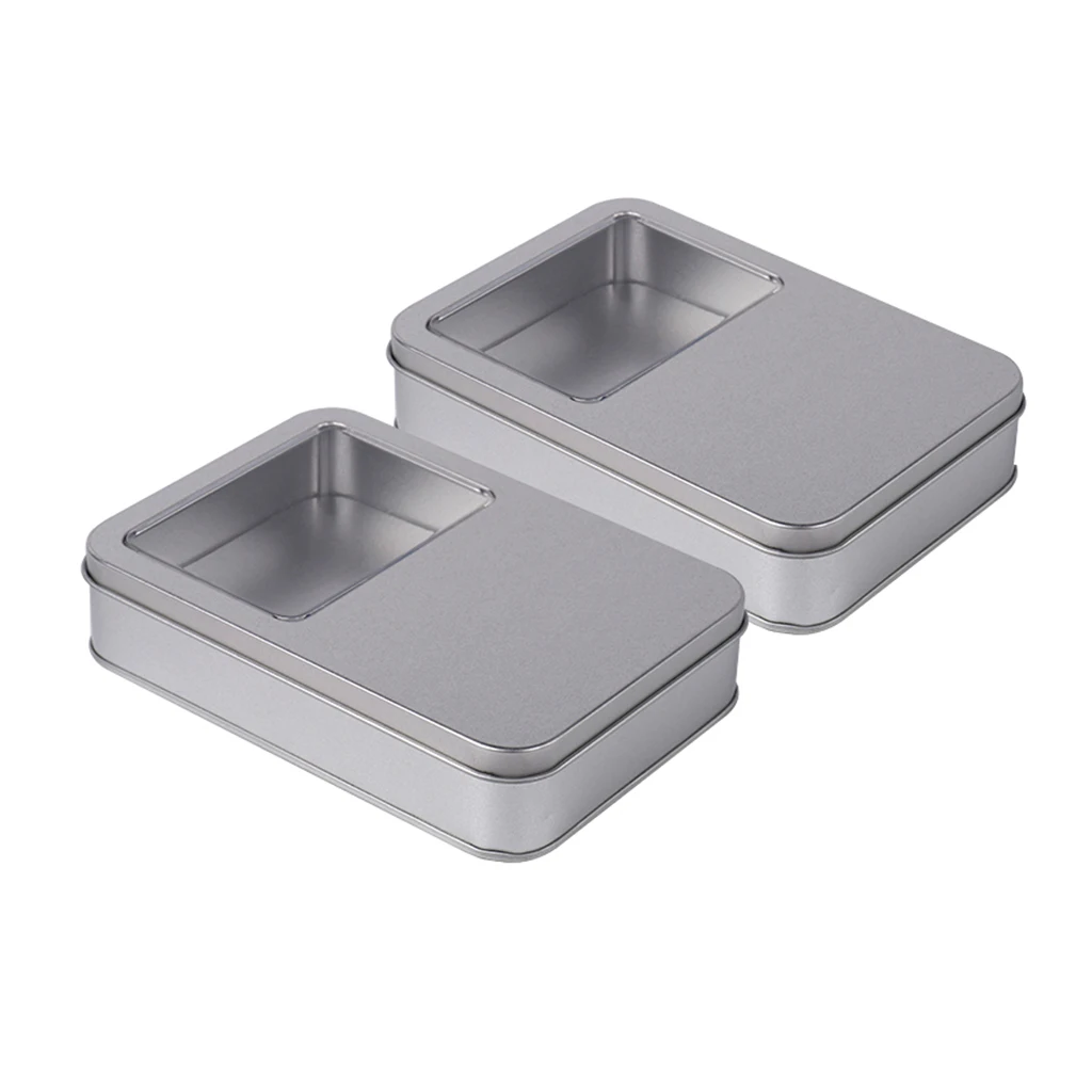 2 Pieces Rectangular Empty Tin Clear Window Top Metal Tin Can Box Storage Case Crafts Survival Kit 160x110x35mm