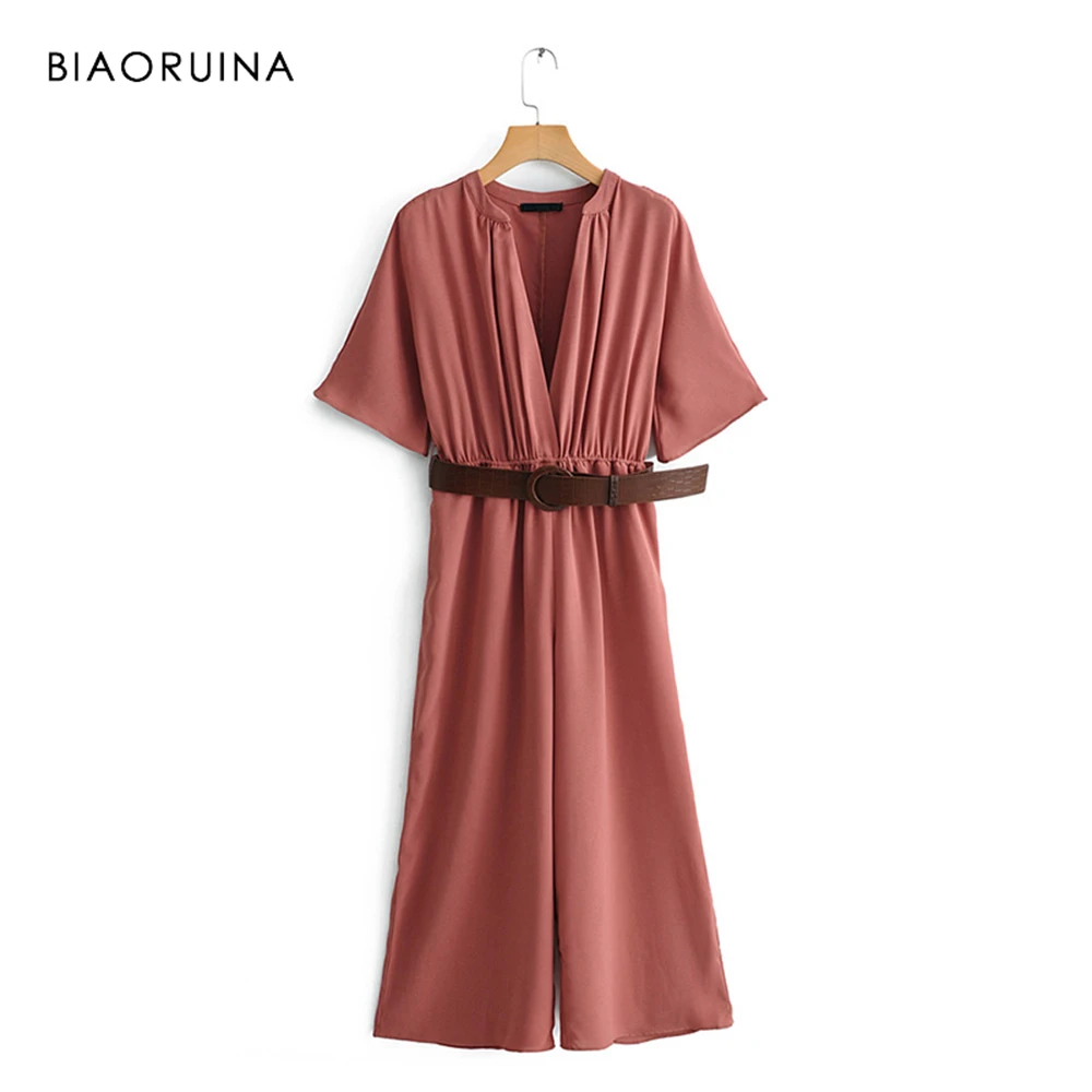 BIAORUINA, Женский винтажный шифоновый комбинезон, женский модный Свободный комбинезон с широкими штанинами, глубокий v-образный вырез, сплошная шикарная женская летняя одежда