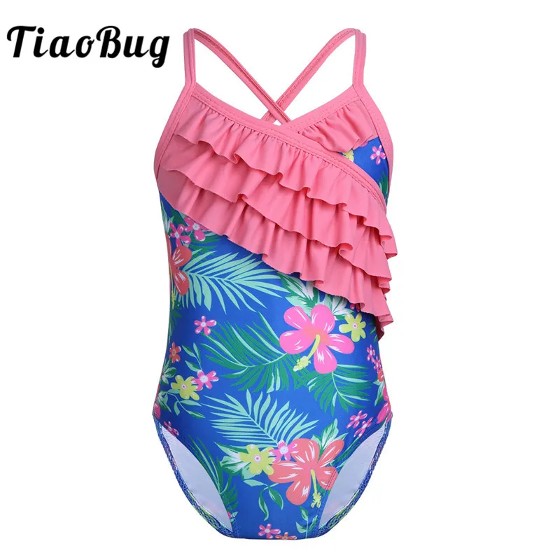 

Женский слитный купальник TiaoBug, купальный костюм на тонких бретельках с цветочным принтом и оборками, Быстросохнущий купальный костюм для девочек
