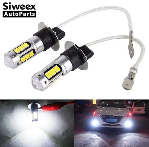 2Pcs H3 H1 T10 6500K White 25W 4014 Chips 30 SMD High Power 550LM LED Fog Light Headlight Lamps Bulb Lens DC 12V t10 1 68w 24 3020 smd led white light car steering lamps dc 12v 2 pcs