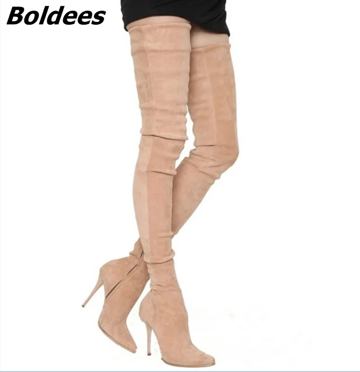 

Simply Beige Suede Stiletto Heels Over The Knee High Boots Fancy Women Pointed Toe Slim Fit Thigh High Boots Celebrities in Same