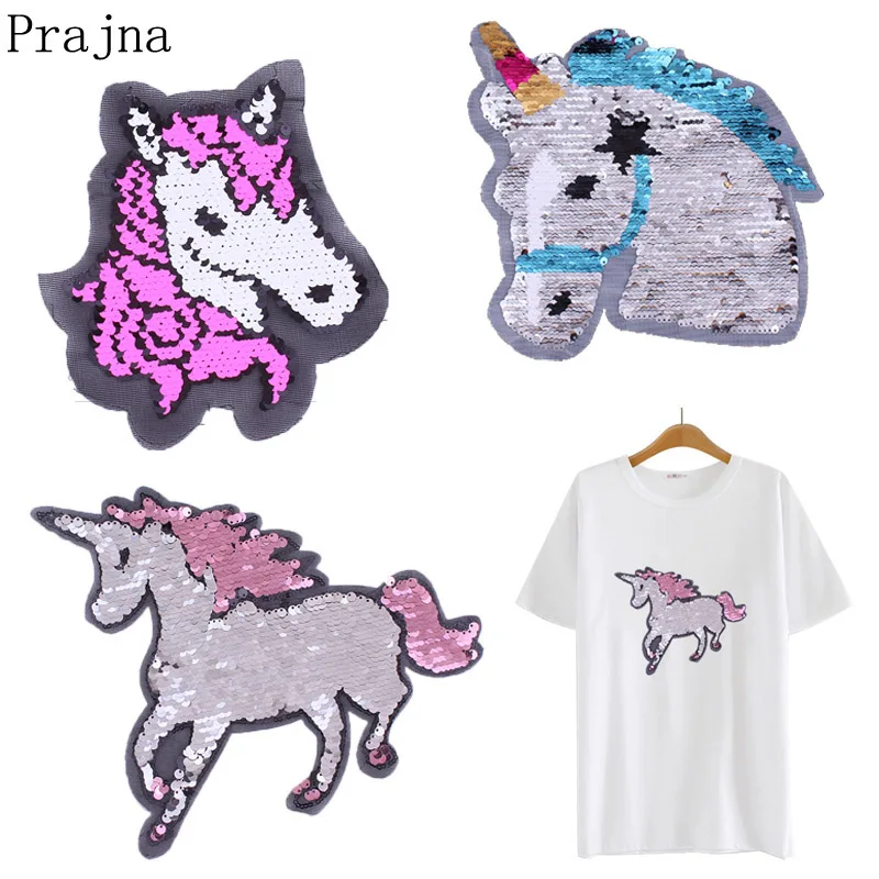 Prajna сердце Реверсивный блесток Единорог шить на патч для одежды DIY ремесла