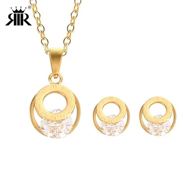 

RIR New Fashion Round Crystal Jewelry Pendant Necklace Set Stainless Steel With High Polished Simple Crystal Pendants Necklaces