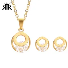 RIR New Fashion Round Crystal Jewelry Pendant Necklace Set Stainless Steel With High Polished Simple Pendants Necklaces