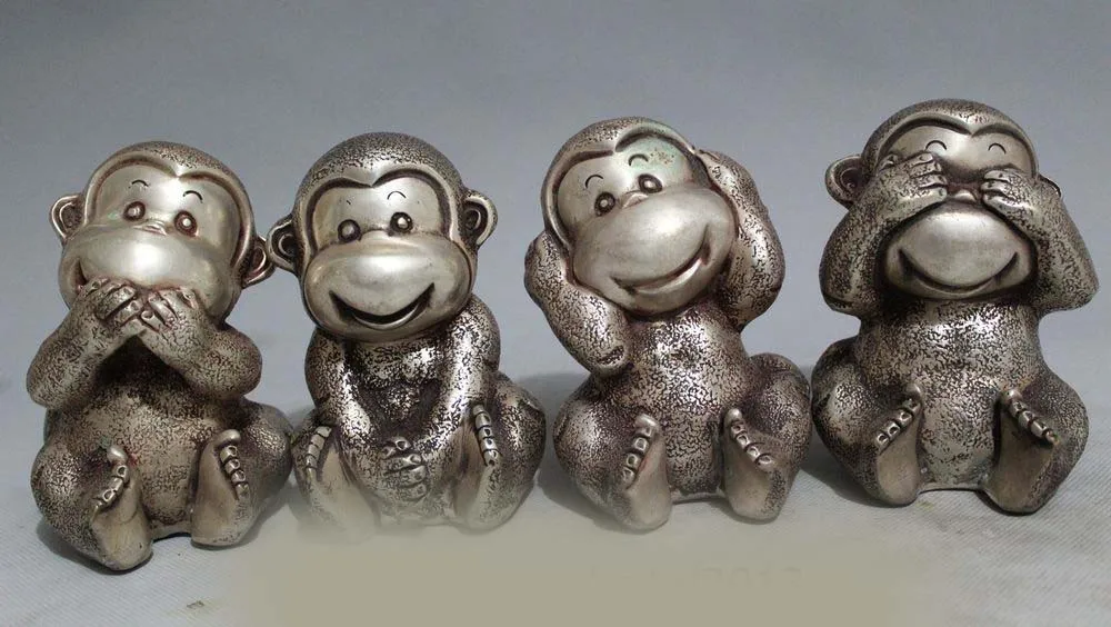 

DS Full Set Of Lovely China Chinese Silver 4 Kinds Expression Posture Monkey Statue