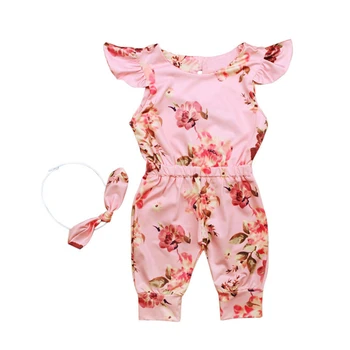 

Infant Baby Girls Sleeveless Floral Printed Romper Newborn Fly Sleeved Round Collar Jumpsuit + Bow Headband Set 0-24 Month A20
