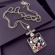 Exquisite Rhinestone Crystal Rectangle Square Perfume Bottle Longevity Lock Pendant Necklace Women Sweater chain Long Necklace chic faux crystal square pendant necklace for women