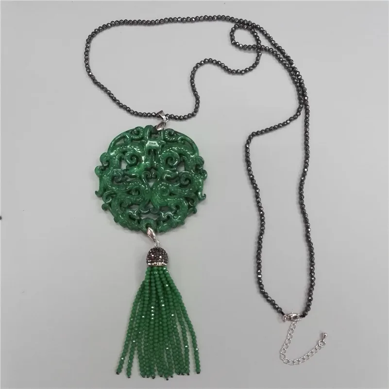 

Charms Classic Traditional Chinese Ancient Vintage Pattern Green Stone Beaded Tassel 3Mm Angular Hematite Chain Pendant Necklace