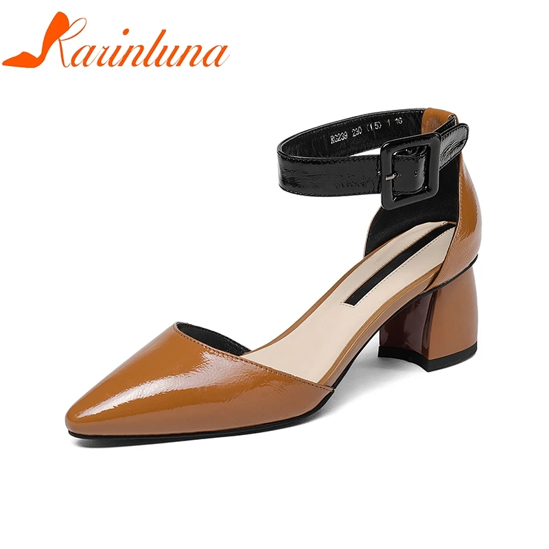 

KARINLUNA Genuine Leather Women's Buckle Strap Square High Heels Pointed Toe Party Wedding Shoes Woman 2018 Size 34-39