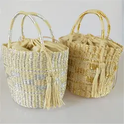 Новые модели; пляжные золотого и серебряного цвета Цвет большой мешок сумка с тесьмой соломенная сумка на плечо сумка с кисточкой