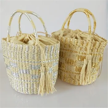 

New Ins Beach Gold and Silver Color Large Bucket Braid Bag Straw Handbag Shoulder Bag with Tassel
