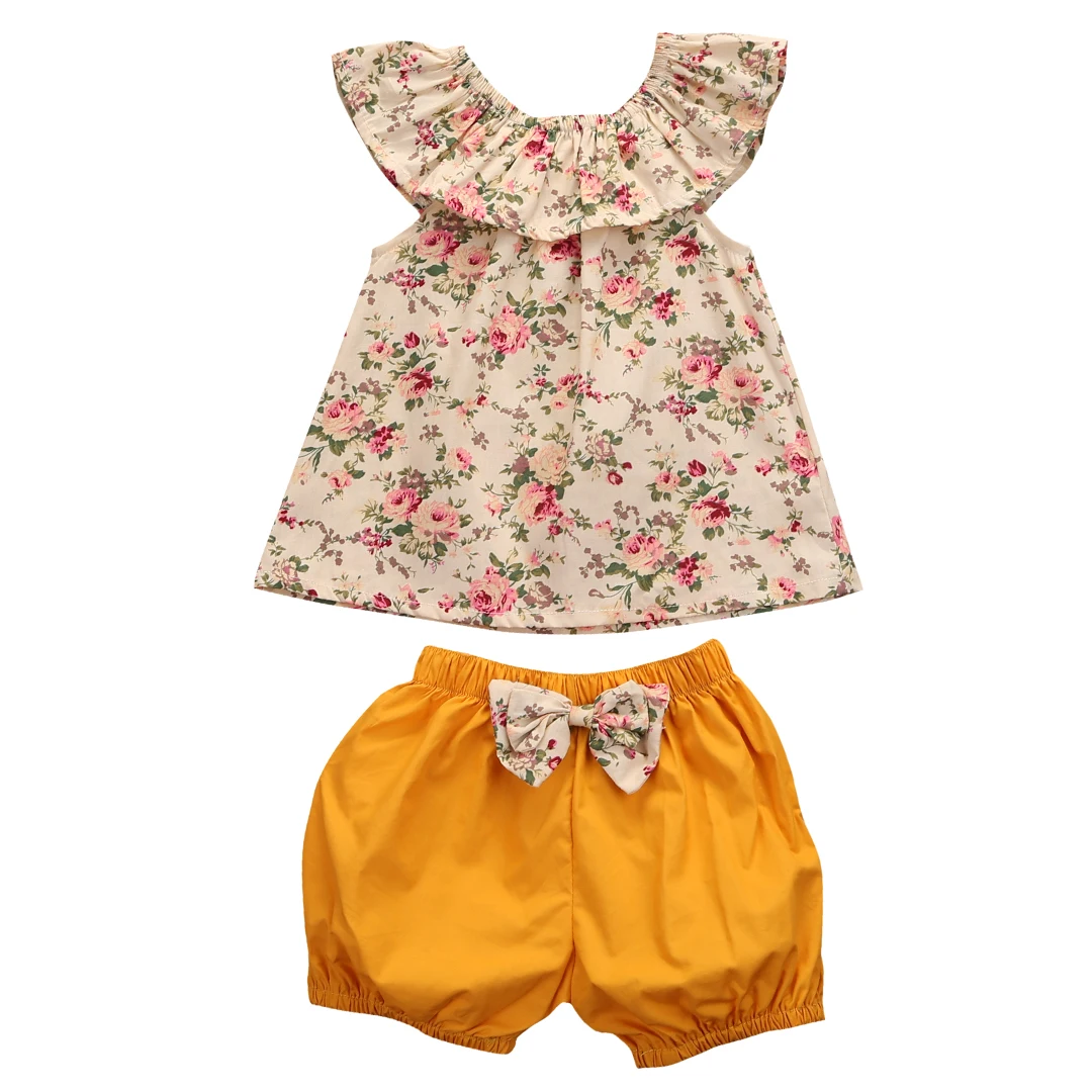 Для новорожденных малышей Комплекты одежды для девочек летние Повседневное трепал воротник блузки Футболка штаны шорты наряд Детская одежда для малышки из 2 предметов - Цвет: Цвет: желтый