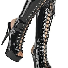 Матовые черные сапоги с рисунком на высоком каблуке 15 см; обувь для танцев с открытым носком; обувь для танцев