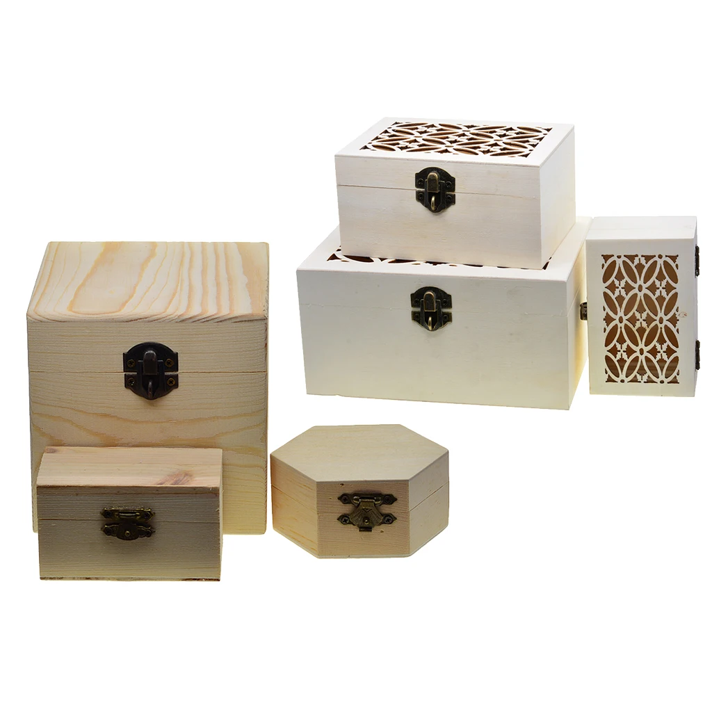 6pcs Natural Unfinished Wood Wooden Jewelry Gift Box Storage Case Organizer for DIY Painting Craft with Lid and Lock