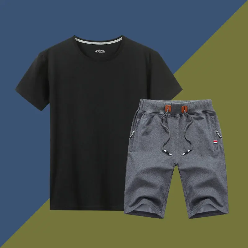 5XL, летние комплекты с шортами, мужские повседневные Костюмы, хлопковая спортивная одежда, спортивный костюм, мужская верхняя одежда, свитшоты, толстовки размера плюс, одноцветная футболка+ штаны - Цвет: B-D