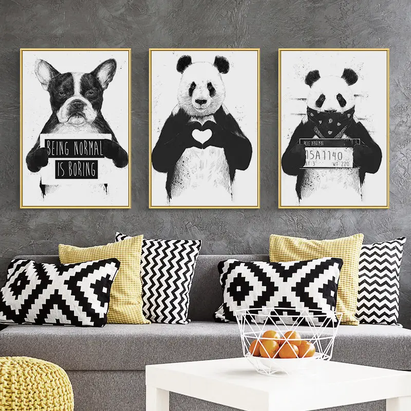 

Animal Panda Dog Canvas Painting Nordic Home Decor Wall Art Poster Cartoon Lovely Picture Black White Painting for Living Room