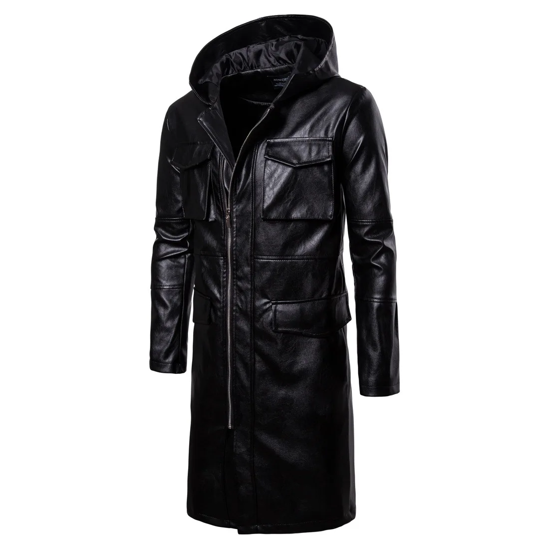 New Fashion Leather Jacket Men High Long Hooded leather Coats Mens Slim Fit Youth Men