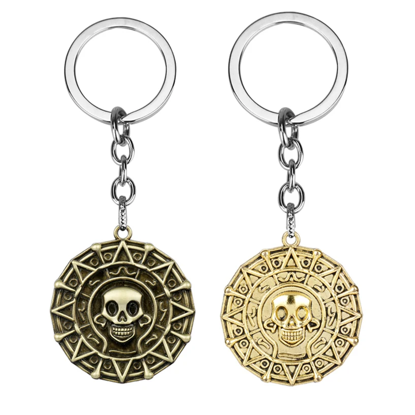 

New Pirates Of The Caribbean Aztec Skull Round Coin Keychain Alloy Gold Bronze 3 Colors Keyring Llaveros Porte Clef Trinket