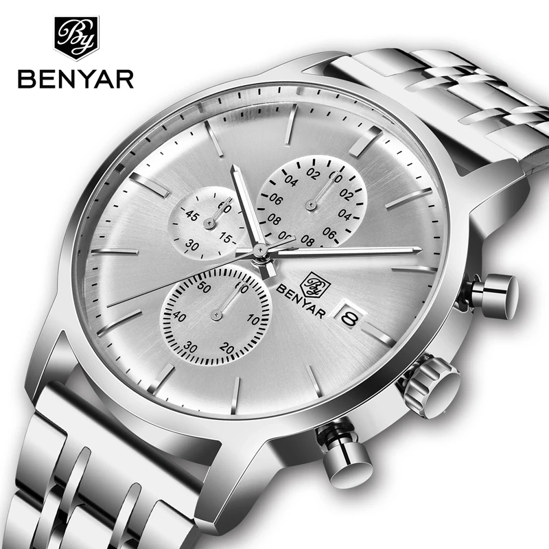 

BENYAR Men's Watches Stainless Steel Quartz Watch for Men Luxury Brand Waterproof Chronograph Men Wrist Watch Relojes Relogio