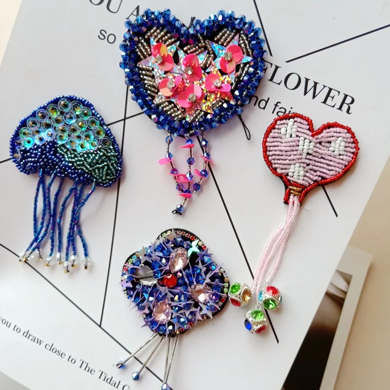 

3D Handmade beaded color sequins heart tassel Jellyfish tassel patch applique for DIY hat Coat Trousers Bag Brooch Broche