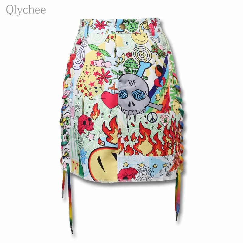 

Qlyhchee Cartoon Scrawl Cross Lace Up Skirt Zipper Button Waist Women Mini Skirts Spring Summer Casual Sweet Female Short Skirts